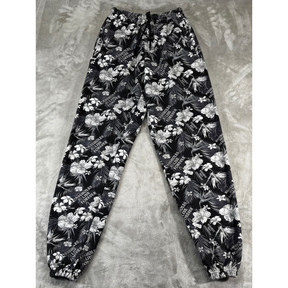 Assholes Live Forever Sweatpants Mens Small Black White Floral Logo Excellent